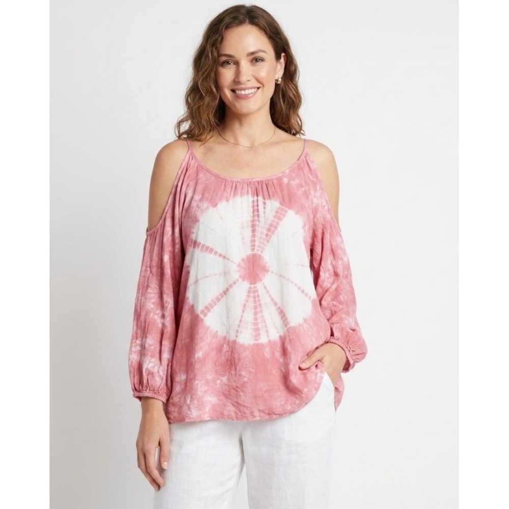 New Elan Large Pink Tie Dye Festival Boho Ultra Soft Cold Shoulder Blouse
